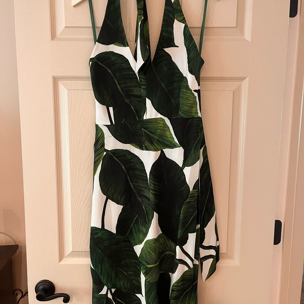 Milly White and Green Tropical-Print Dress